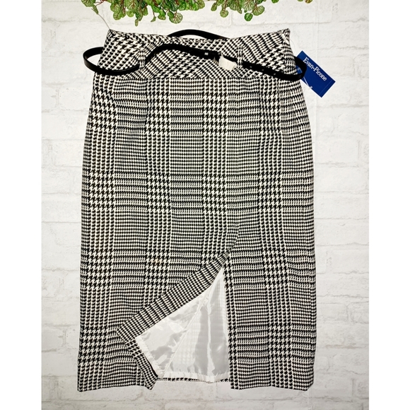 Evan Picone Houndstooth Slit Front Belted Skirt - Blk/Ivory - Picture 1 of 16